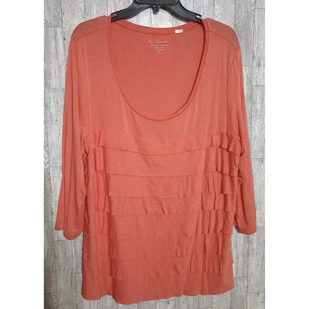 Chico's Top Super Soft Stretch Tiered Ruffle Scoop Neck Orange Size 3‎ (XL/12)